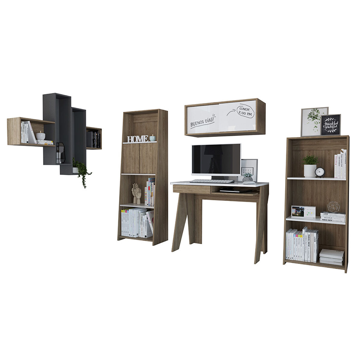 Escritorio + Gabinete + Biblioteca 120 + Biblioteca 160 + Repisa Wall 2A TuHome Note Blanco Miel