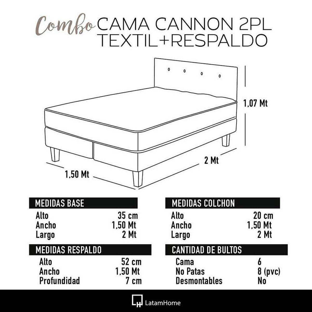 Cama Europea Latam Home Base Dividida 2 Plazas Cannon  + 2 Almohadas + S&aacute;banas + Respaldo Tela Gris