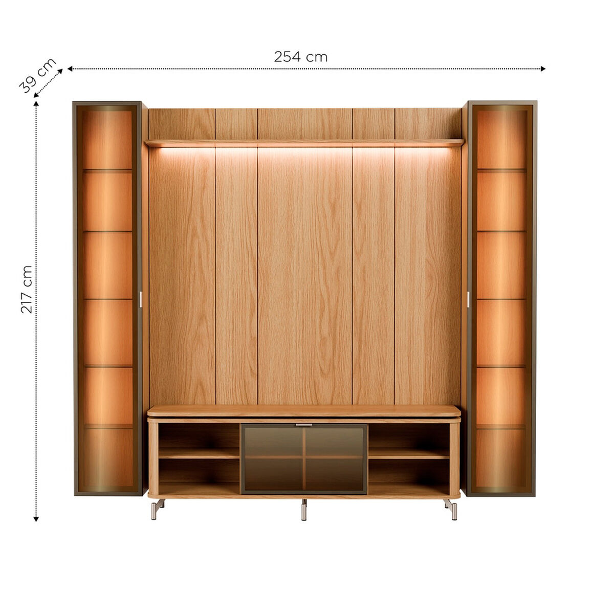 Rack TV 70" + Panel Neon Float Led + 2 Vitrinas Decocasa Carvalho