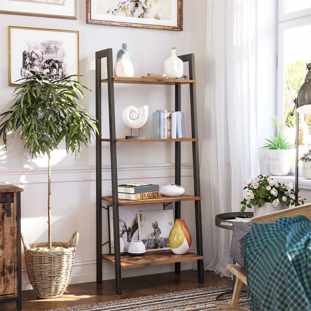 Repisa Escalera Fm Furniture Metalwood Colection Marrón Rústico