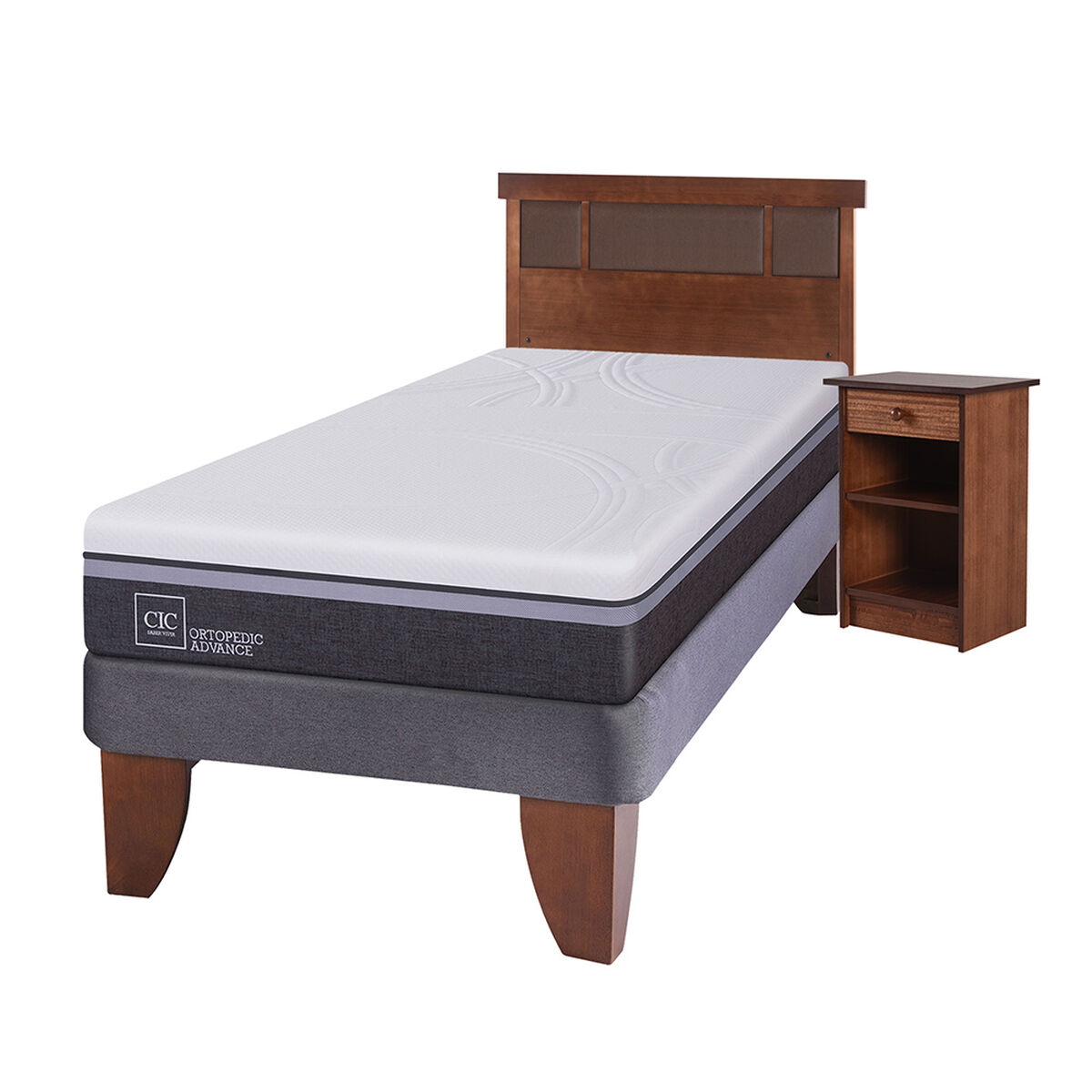 Cama Europea CIC 1,5 Plazas Ortopedic Advance + Respaldo + Velador Dublin Caramelo