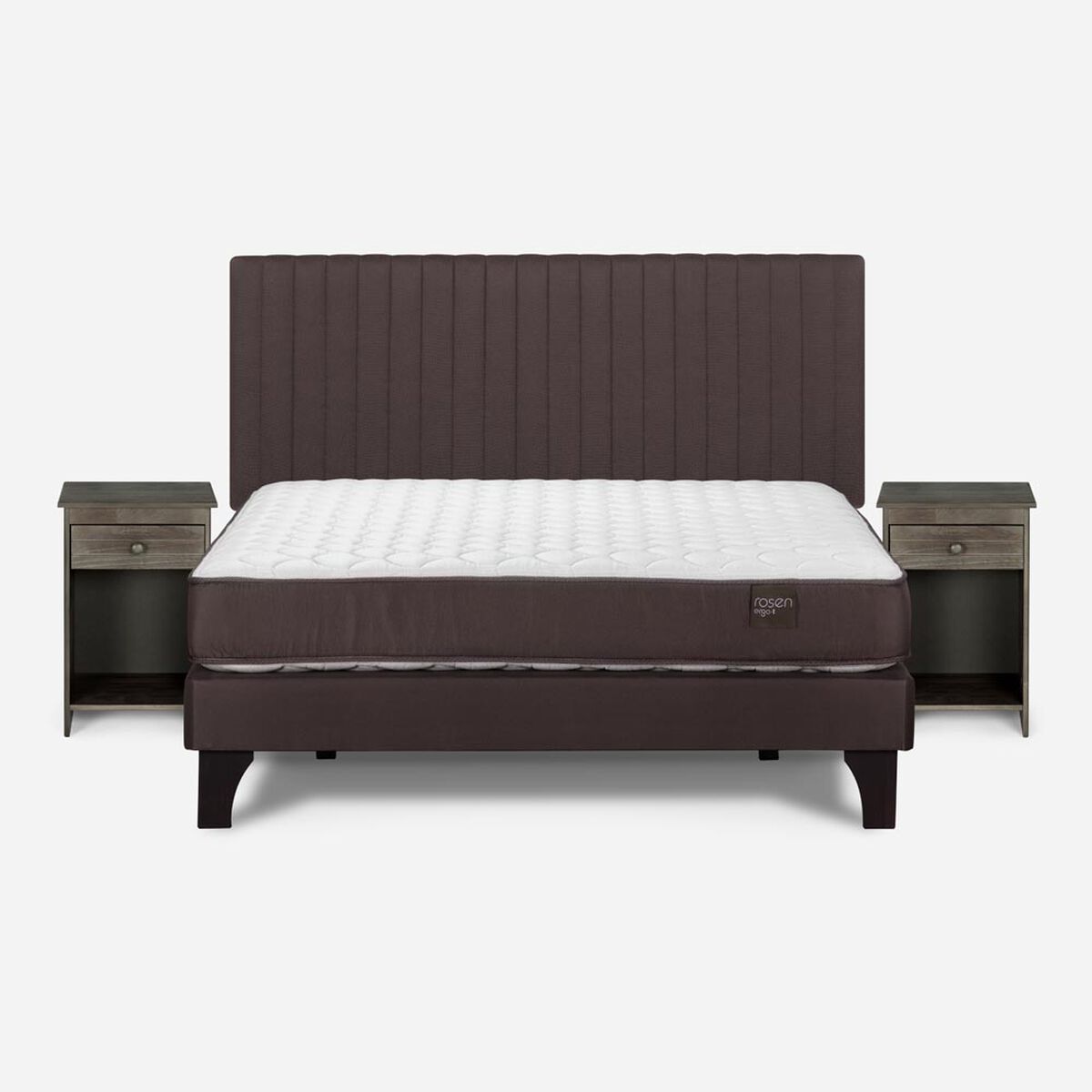 Cama Europea Rosen 2 Plazas Ergo T + Respaldo Caf&eacute; + 2 Veladores Grafito