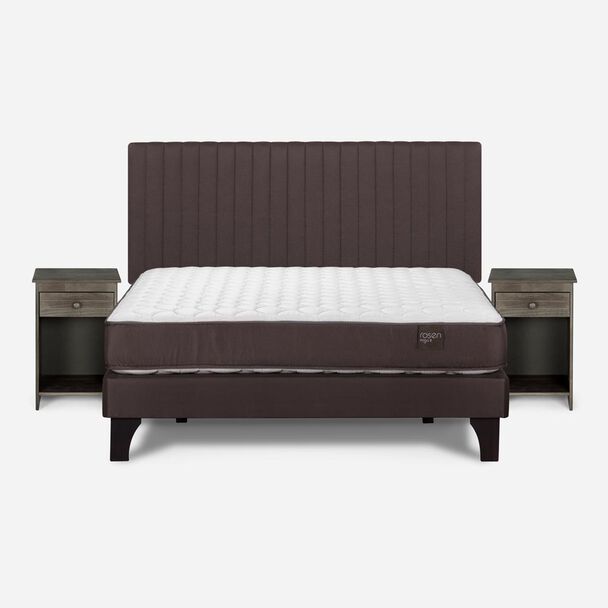 Cama Europea Rosen 2 Plazas Ergo T + Respaldo Café + 2 Veladores Grafito