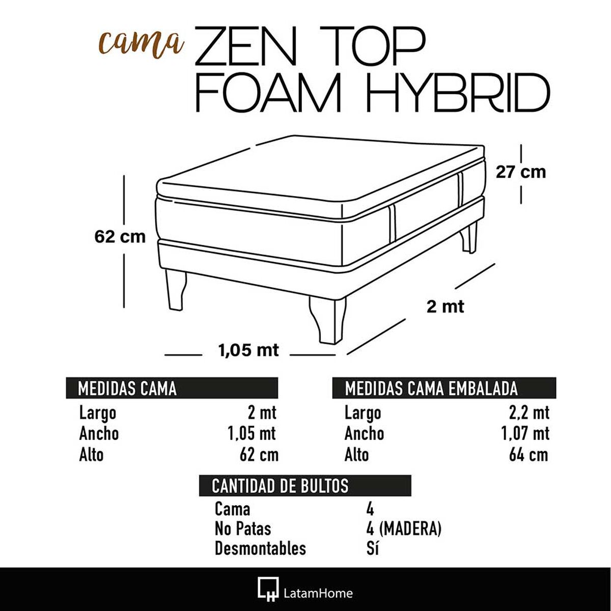 Cama Europea Latam Home 1,5 Plazas Zen Top Foam Hybrid Velvet Chocolate