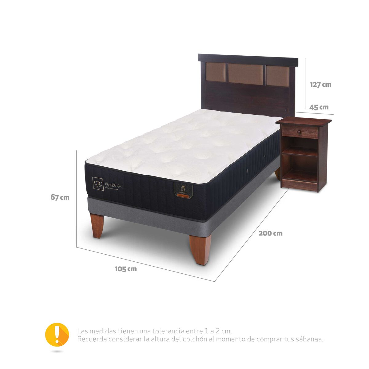Cama Europea CIC 1,5 Plazas Premium + Respaldo + Velador