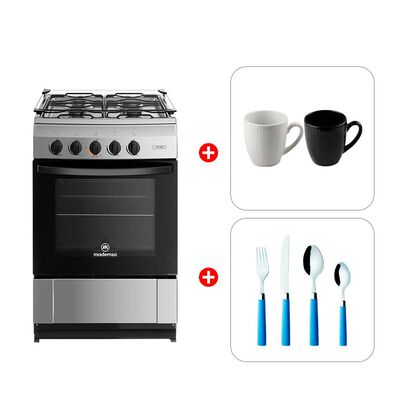 Combo Cocina a Gas Mademsa MV 220 T 4 Quemadores + Set 2 Mugs Zibel MG-0476 Blanco Negro + Juego de Cubiertos Casanova K-1050 16 Piezas