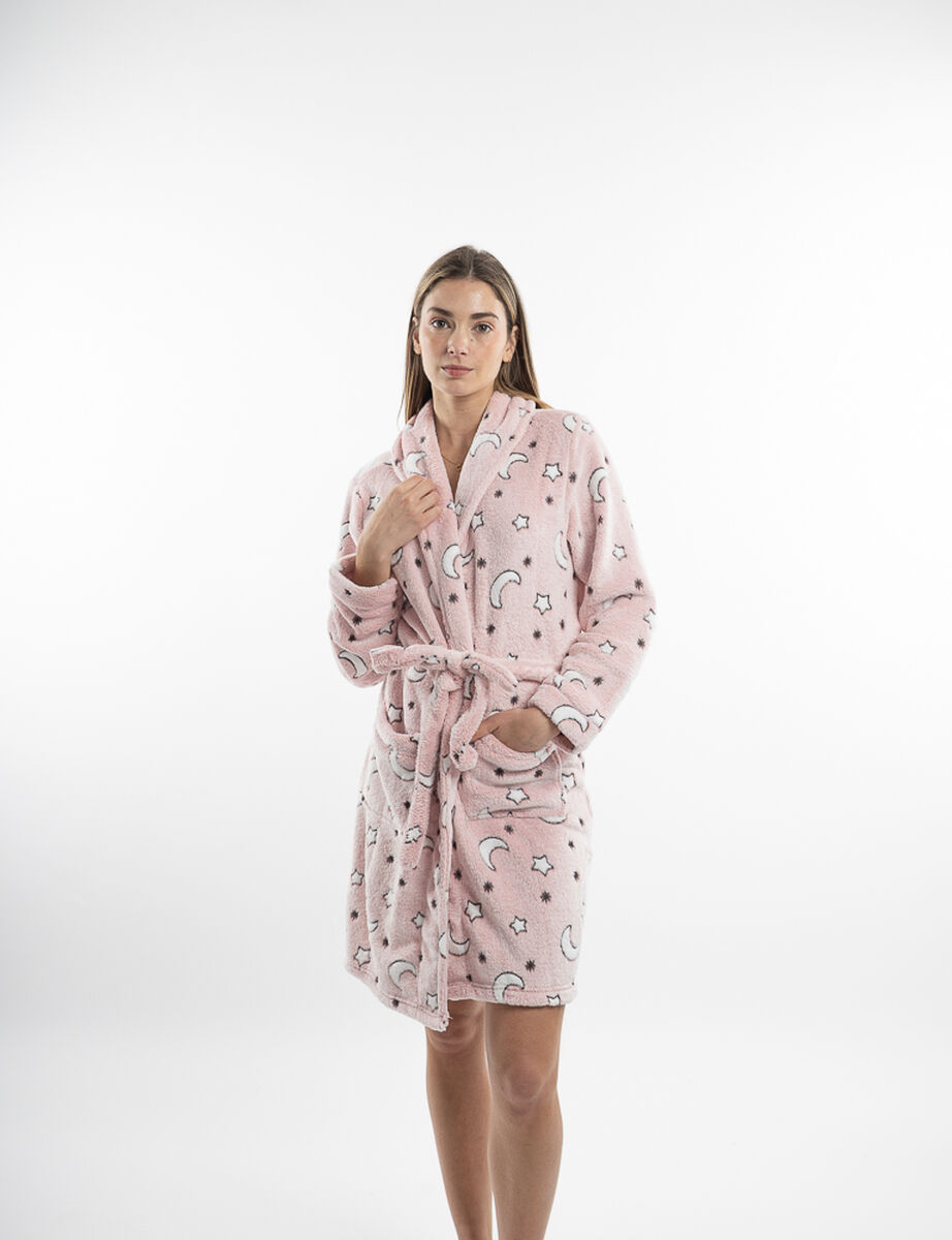 Bata Coral Fleece Lunas Mujer Icono