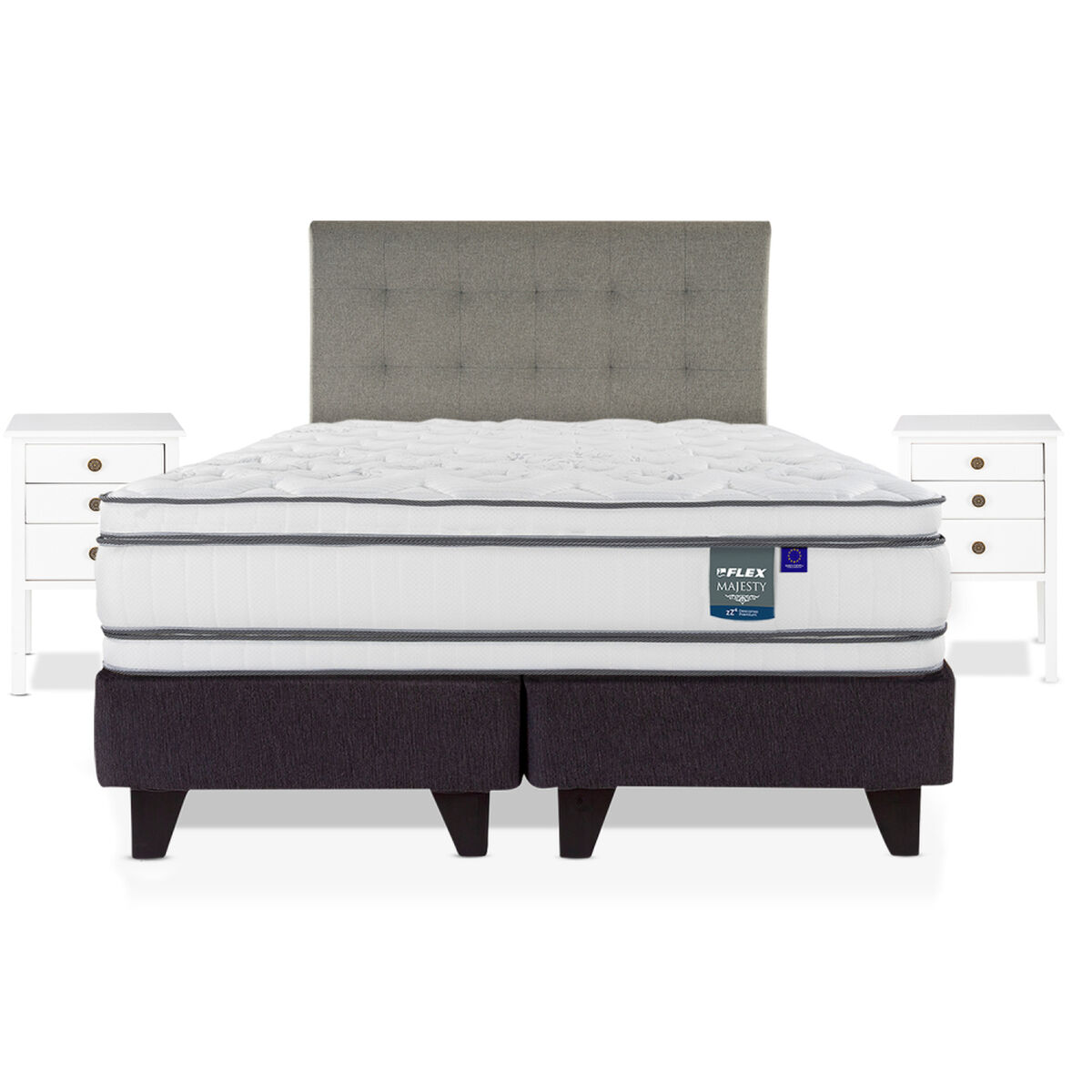 Cama Europea Flex 2 Plazas Majesty + 1 Respaldo + 2 Veladores
