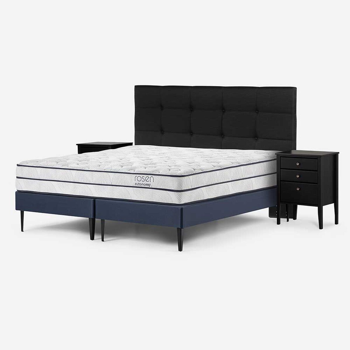 Cama Europea Rosen Base Dividida 2 Plazas Autonomy + Respaldo + 2 Veladores Issey Grafito