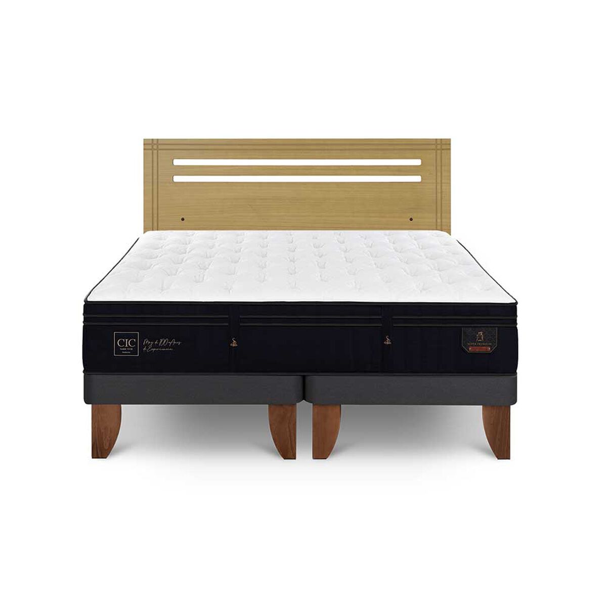 Cama Europea CIC Base Dividida 2 Plazas S&uacute;per Premium + Respaldo Munich Mostaza