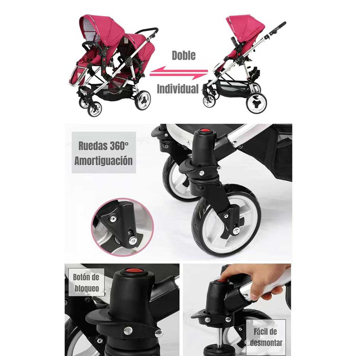 Coche Doble Duo Reclinable 6 Modos En 1 LuBabycas Gris