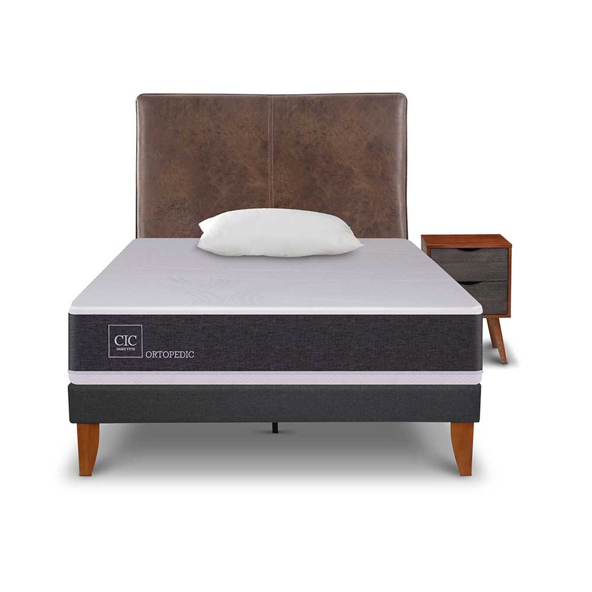 Cama Europea CIC 1,5 Plazas New Ortopedic + Respaldo Baker + Velador + Almohada Viscoel&aacute;stica