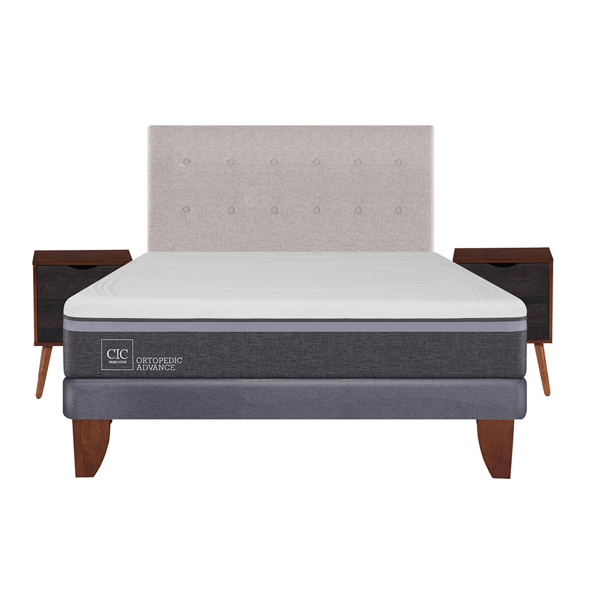 Cama Europea CIC 2 Plazas Ortopedic Advance + Respaldo + 2 Veladores Tigris