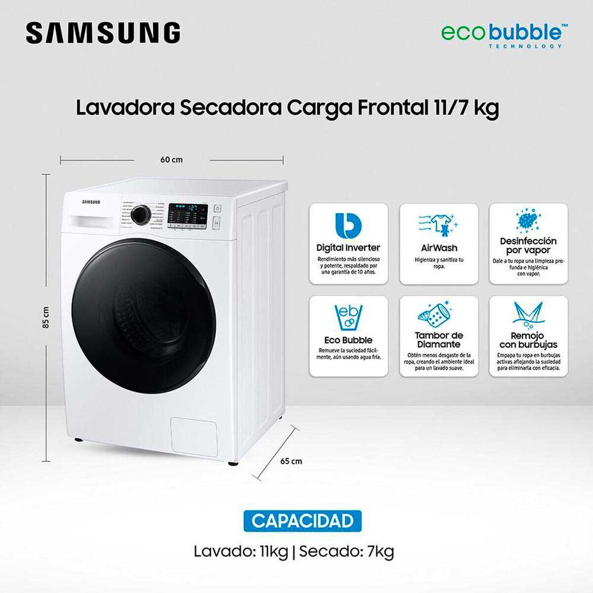 Lavadora Secadora Samsung WD11TA046BE/ZS 11/7 kg.