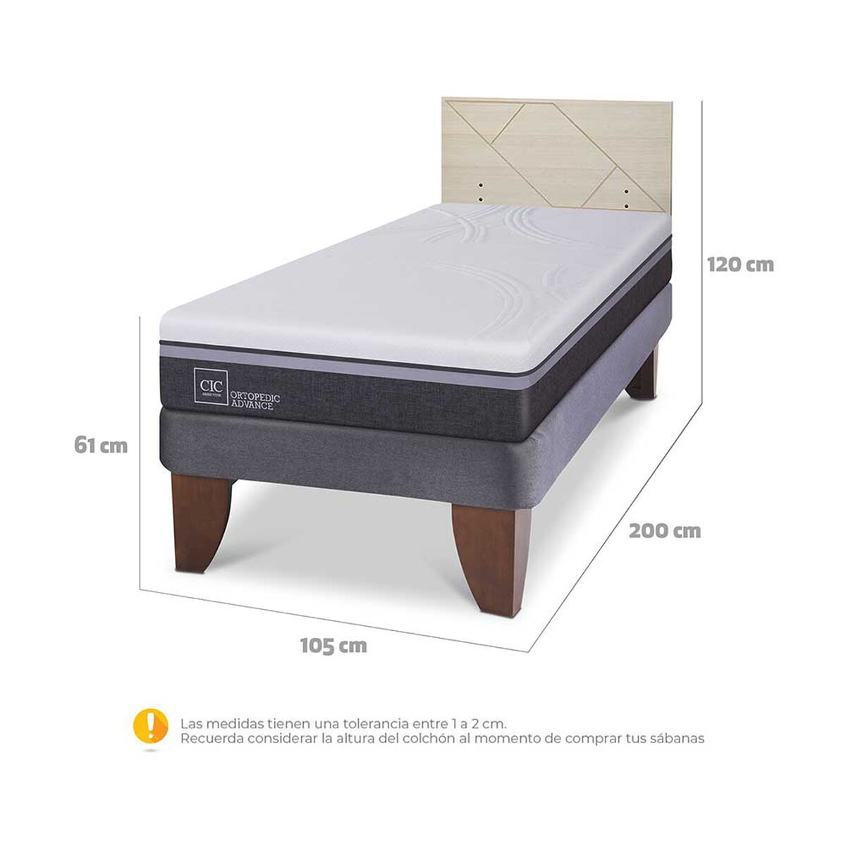 Cama Europea CIC 1,5 Plazas Ortopedic Advance + Respaldo Villarrica Alpino
