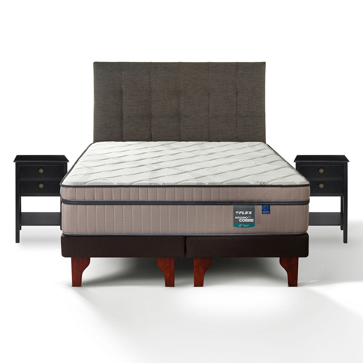 Cama Europea Flex Base Dividida S&uacute;per King M&aacute;ximo Cobre + Respaldo Design Grafito + 2 Veladores Rover