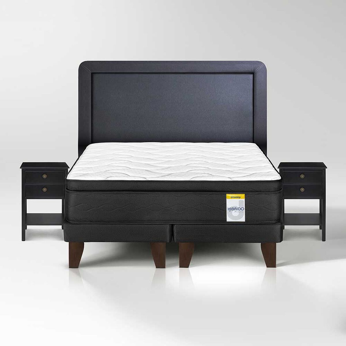 Cama Europea Drimkip 2 Plazas Hibrido Premium + Respaldo + 2 Veladores