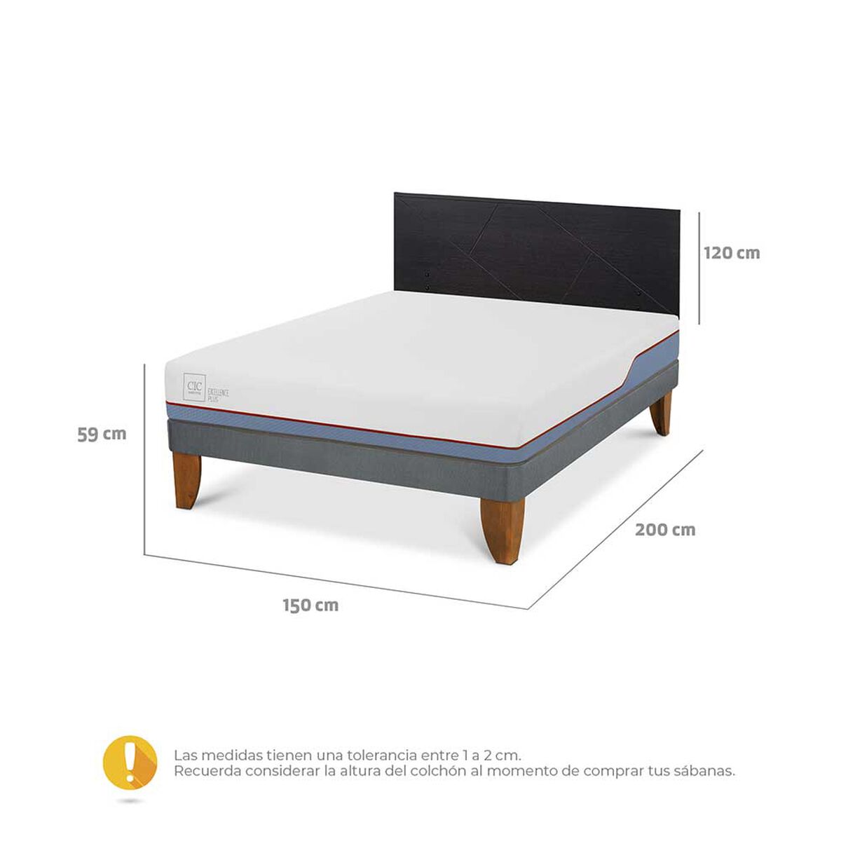 Cama Europea CIC 2 Plazas Excellence Plus + Respaldo Villarrica Negro