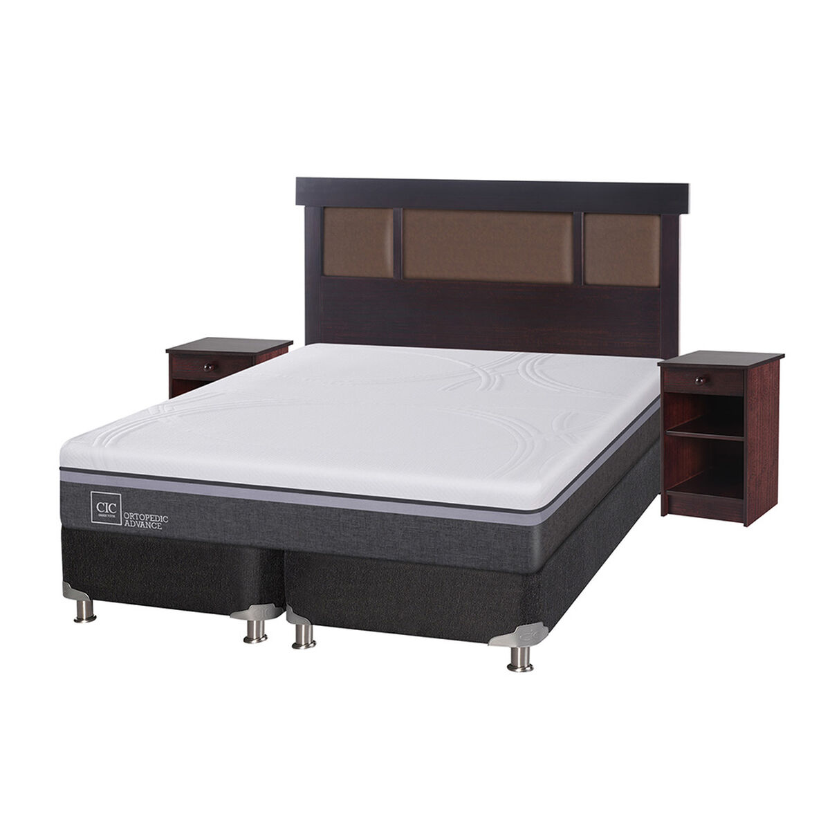 Box Spring CIC Base Dividida 2 Plazas Ortopedic Advance + Respaldo + 2 Veladores New Dublin