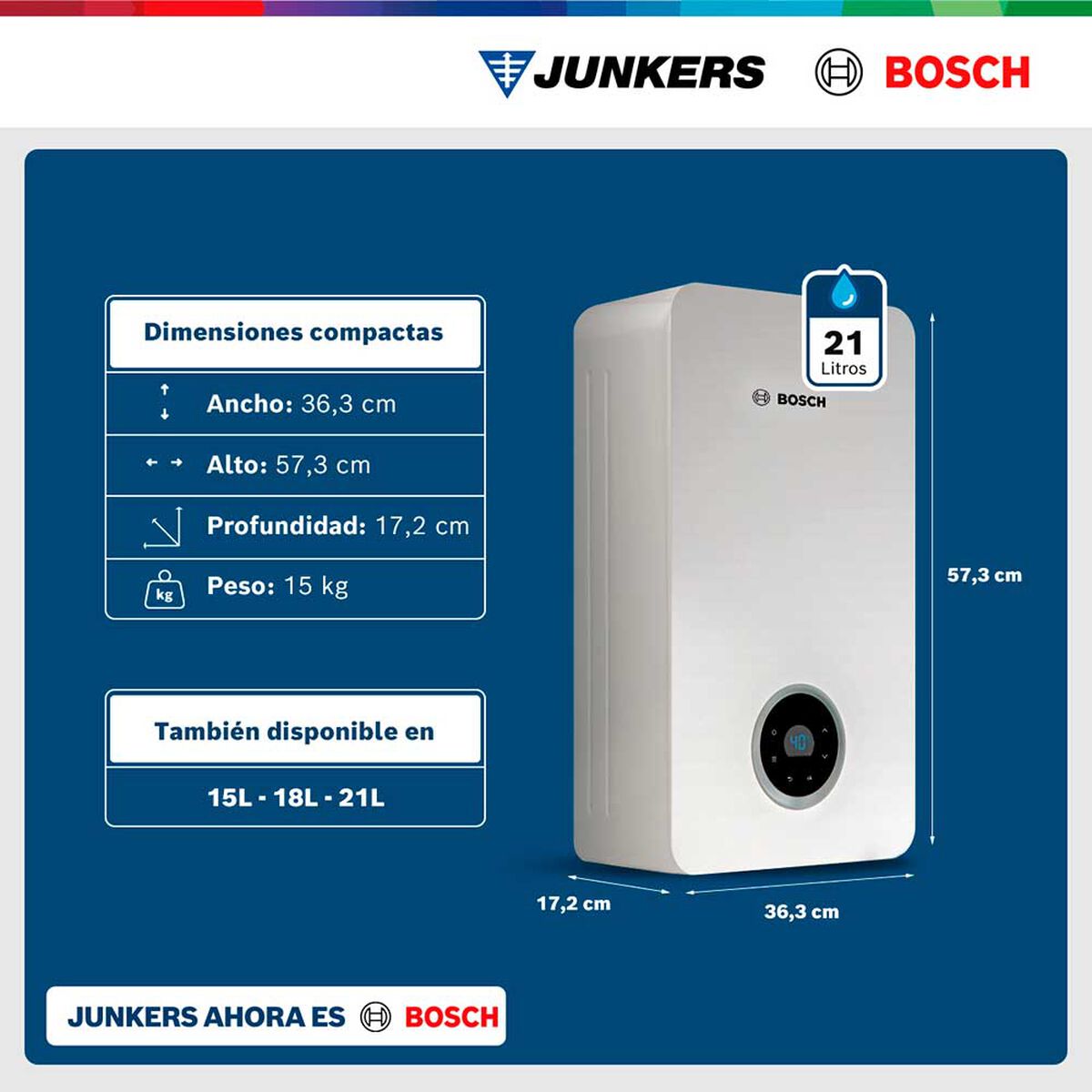Calef&oacute;n 21 litros gas licuado tiro forzado Junkers Bosch Therm 5600 F