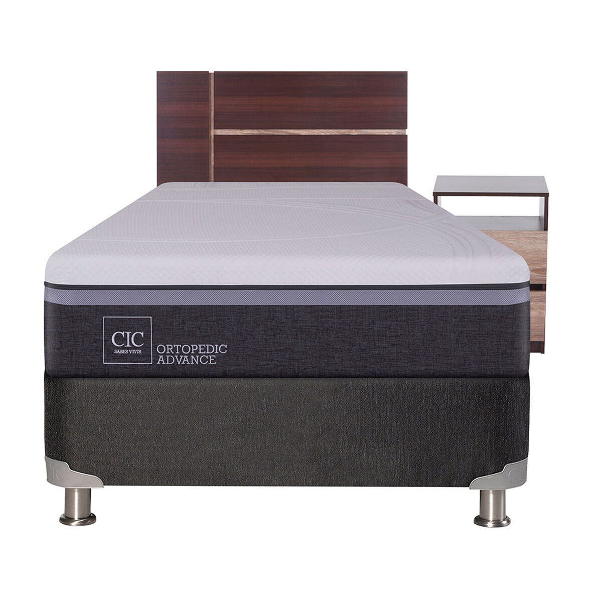 Box Spring CIC 1,5 Plazas Ortopedic Advance + Respaldo + Velador