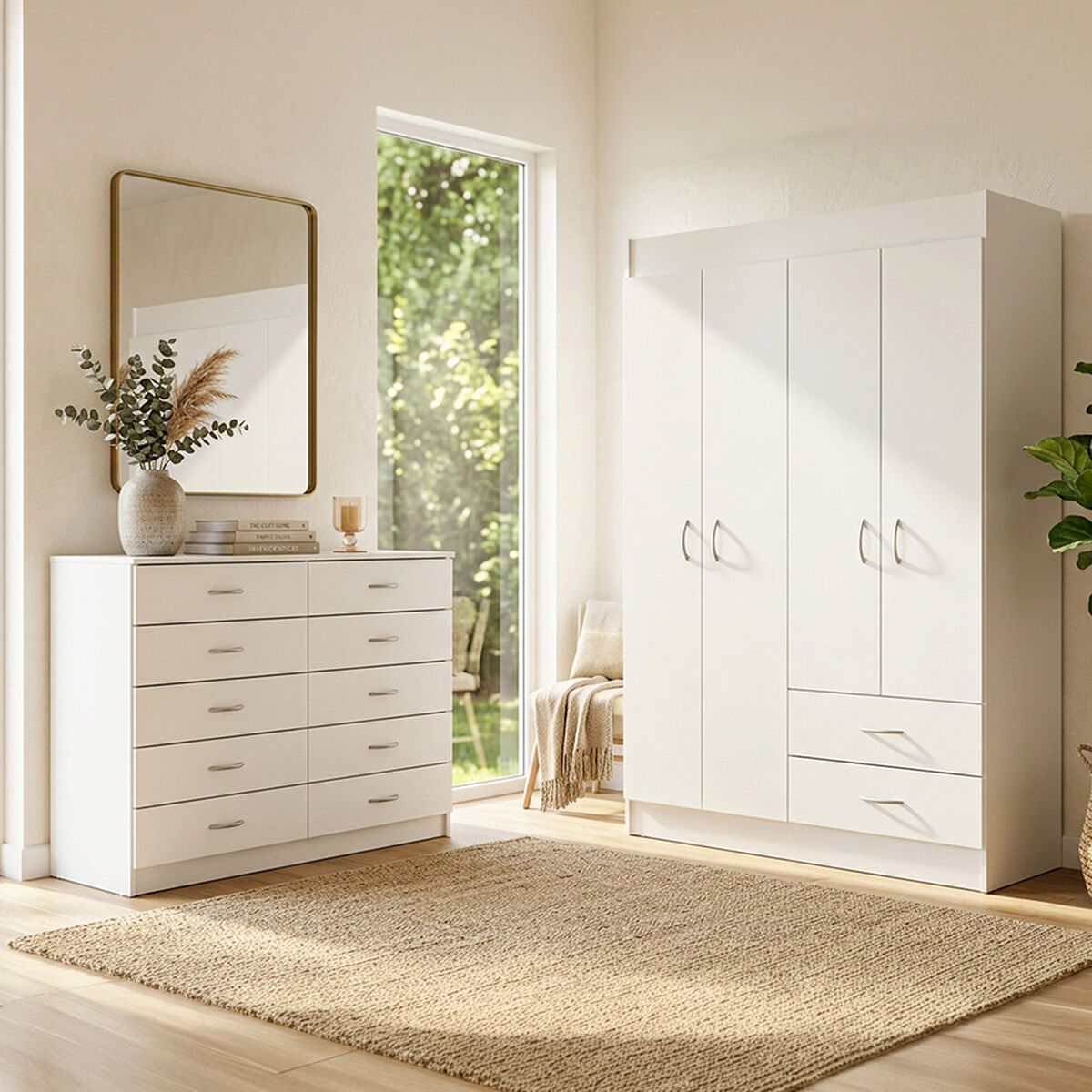Combo Closet 4 Puertas 2 Cajones + C&oacute;moda 10 Cajones Stanford Blanco