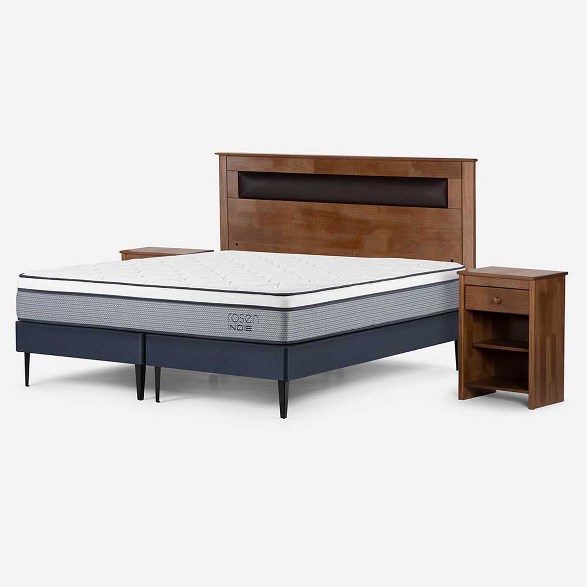 Cama Europea Rosen Base Dividida King Indie + Respaldo + 2 Veladores Ferrera