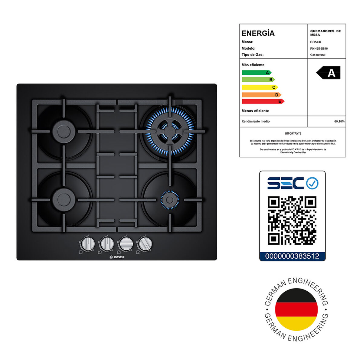 Encimera a Gas Bosch PNH6B6B90 4 Quemadores