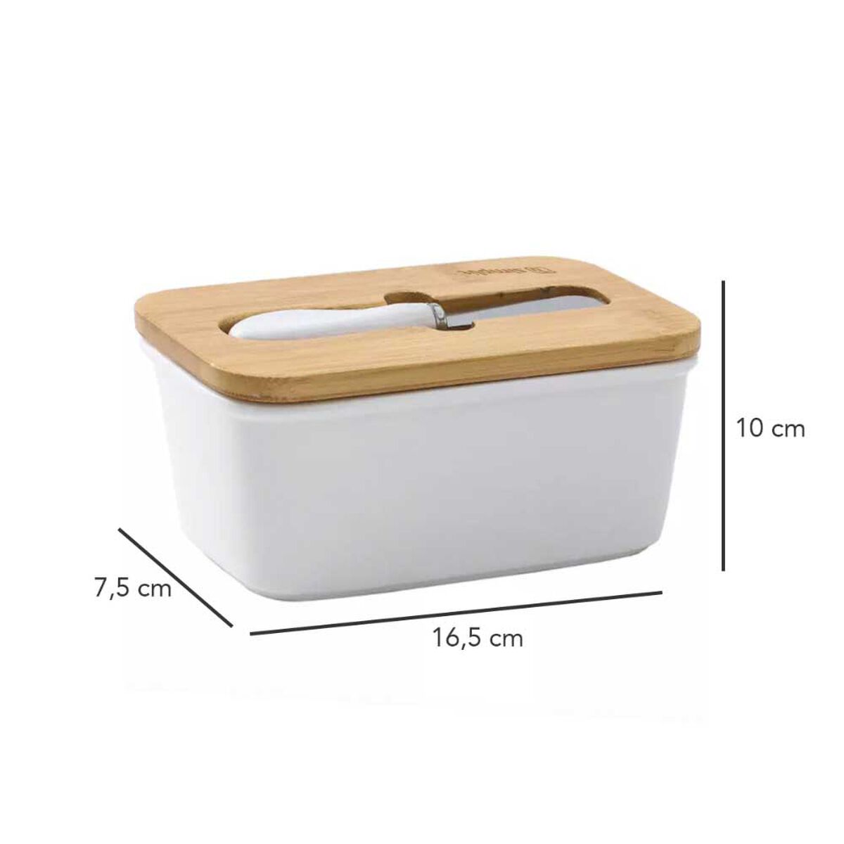 Set Mantequillero Cerámica Tapa Bamboo + Cuchillo 600 ml Simplit Blanco