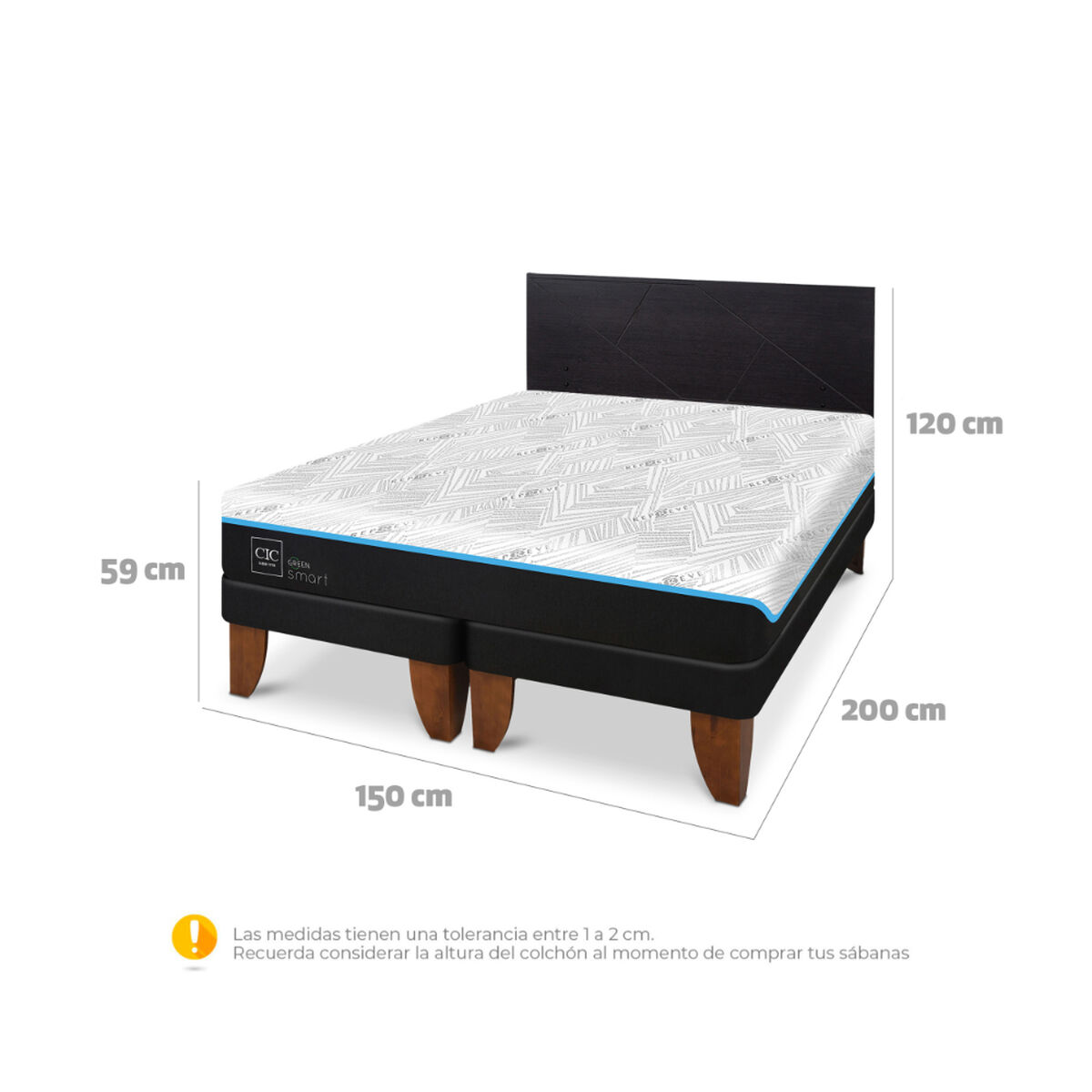 Cama Europea CIC Green Infinity 2 Plazas + 1 Respaldo Villarrica Negro