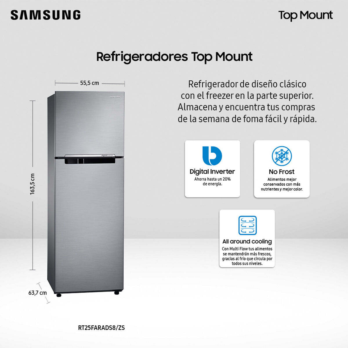 Refrigerador No Frost Samsung RT25FARADS8/ZS 255 lts.