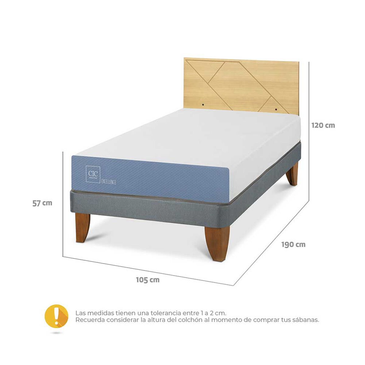Cama Europea CIC 1,5 Plazas Excellence + Respaldo Villarrica Mostaza