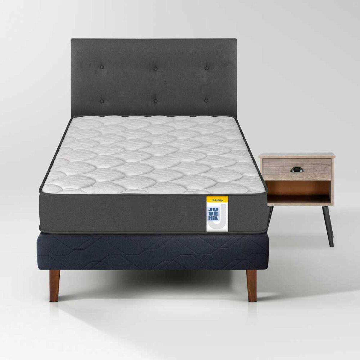 Cama Europea Drimkip 1,5 Plazas Box Juvenil + Respaldo Royal Drimkip + Velador Rock