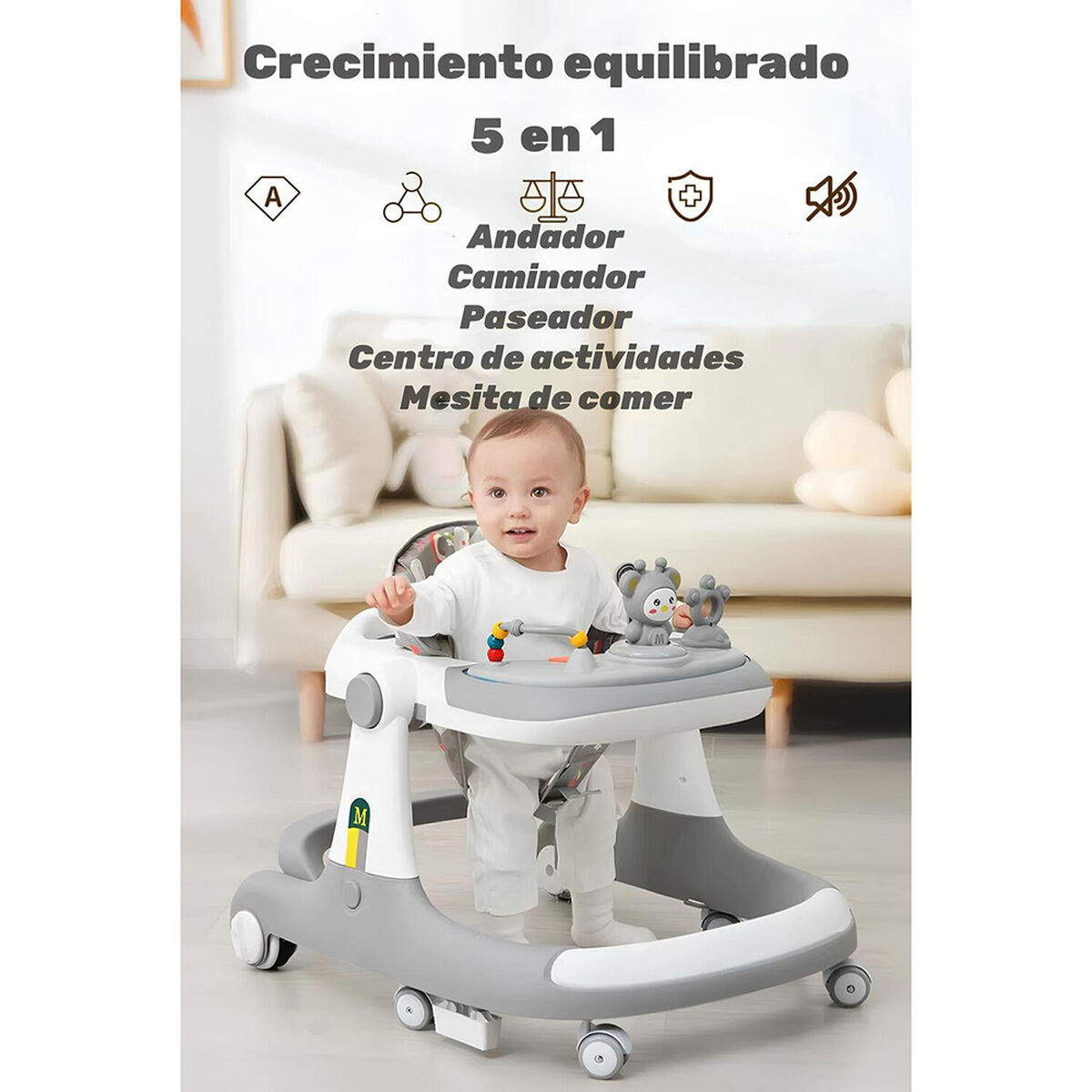 Andador Caminador 5 En 1 con Apoya Pies Lubabycas Gris