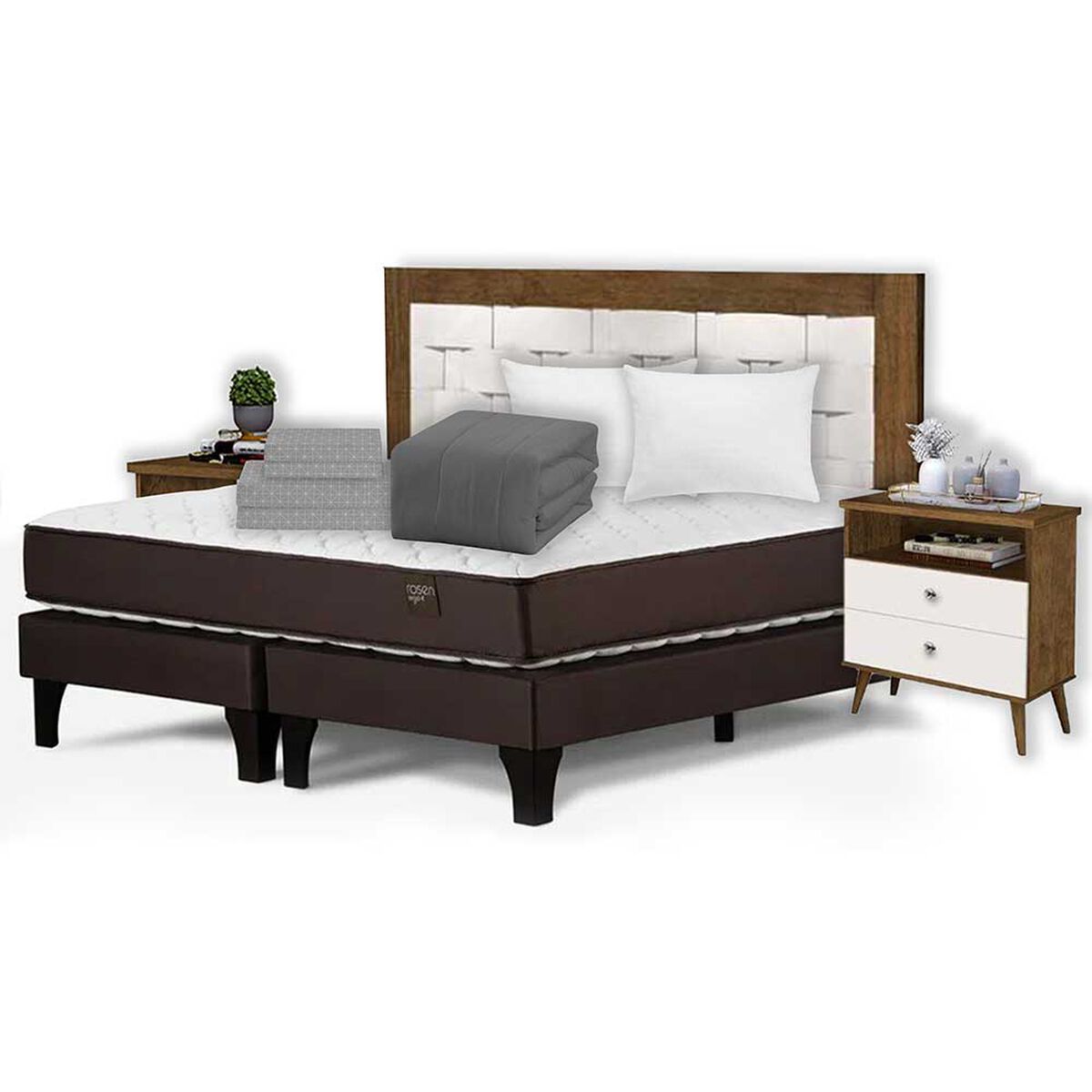 Combo Cama Europea Rosen Base Dividida 2 Plazas Ergo T + Respaldo + 2 Veladores Dreams Treliza Blanco + Cubrecamas + Juego de S&aacute;banas Casanova + Pack 2 Almohadas Celta Imperial
