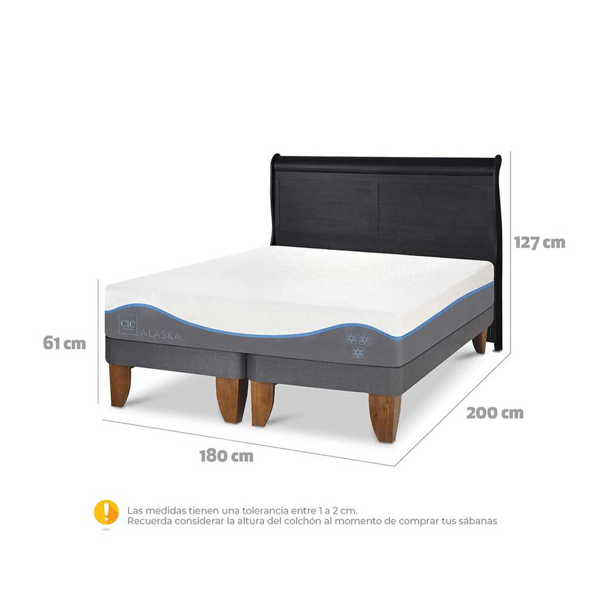 Cama Europea CIC Base Dividida King Alaska + Respaldo Miro Negro