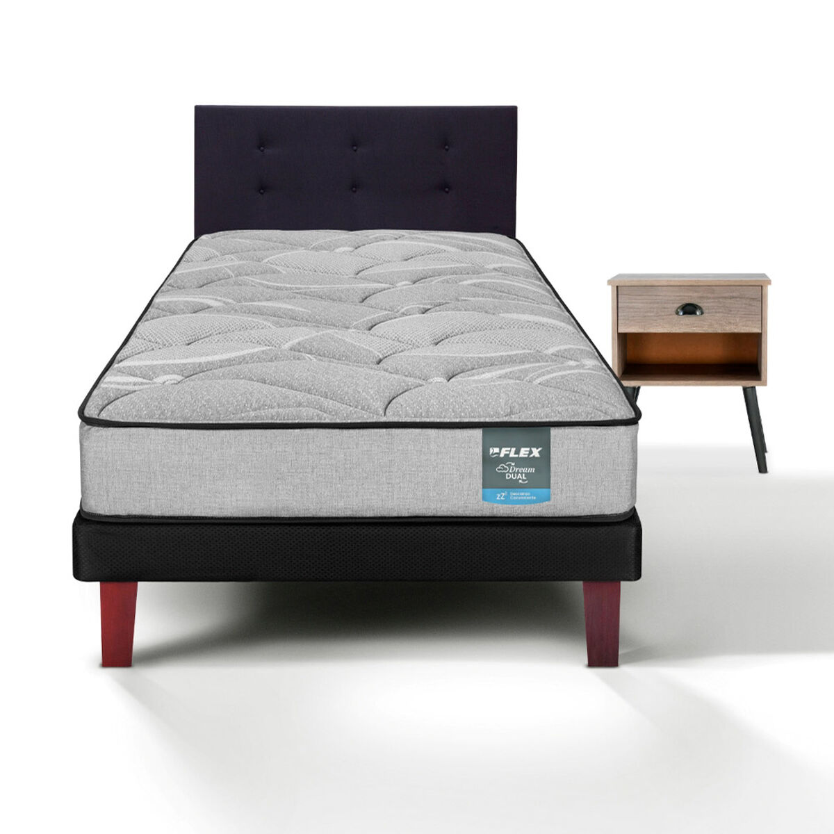 Cama Europea Flex 1,5 Plazas Dream Dual Box + Respaldo Royal Negro + Velador Rock