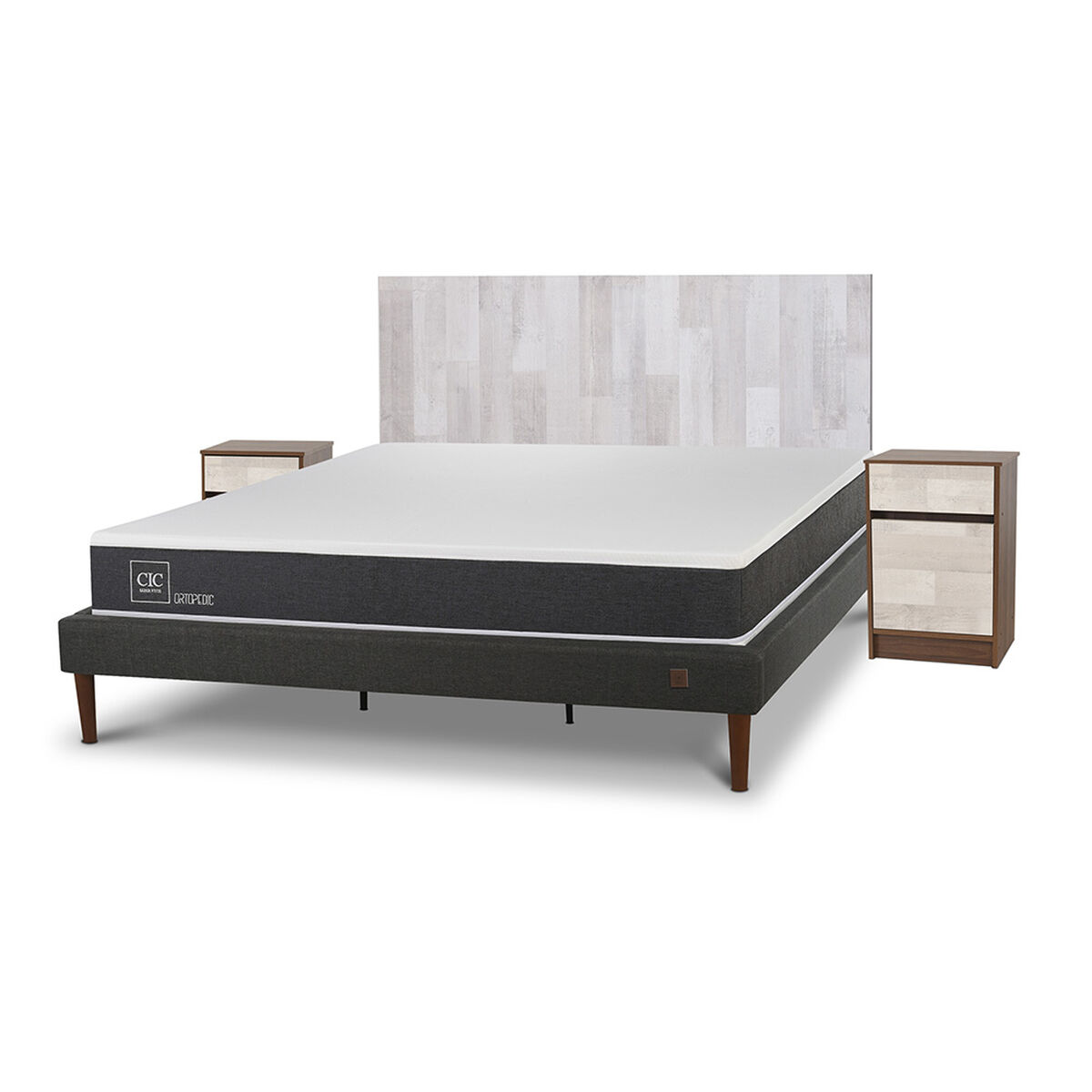 Cama Europea CIC King New Ortopedic + Respaldo Legno + 2 Veladores