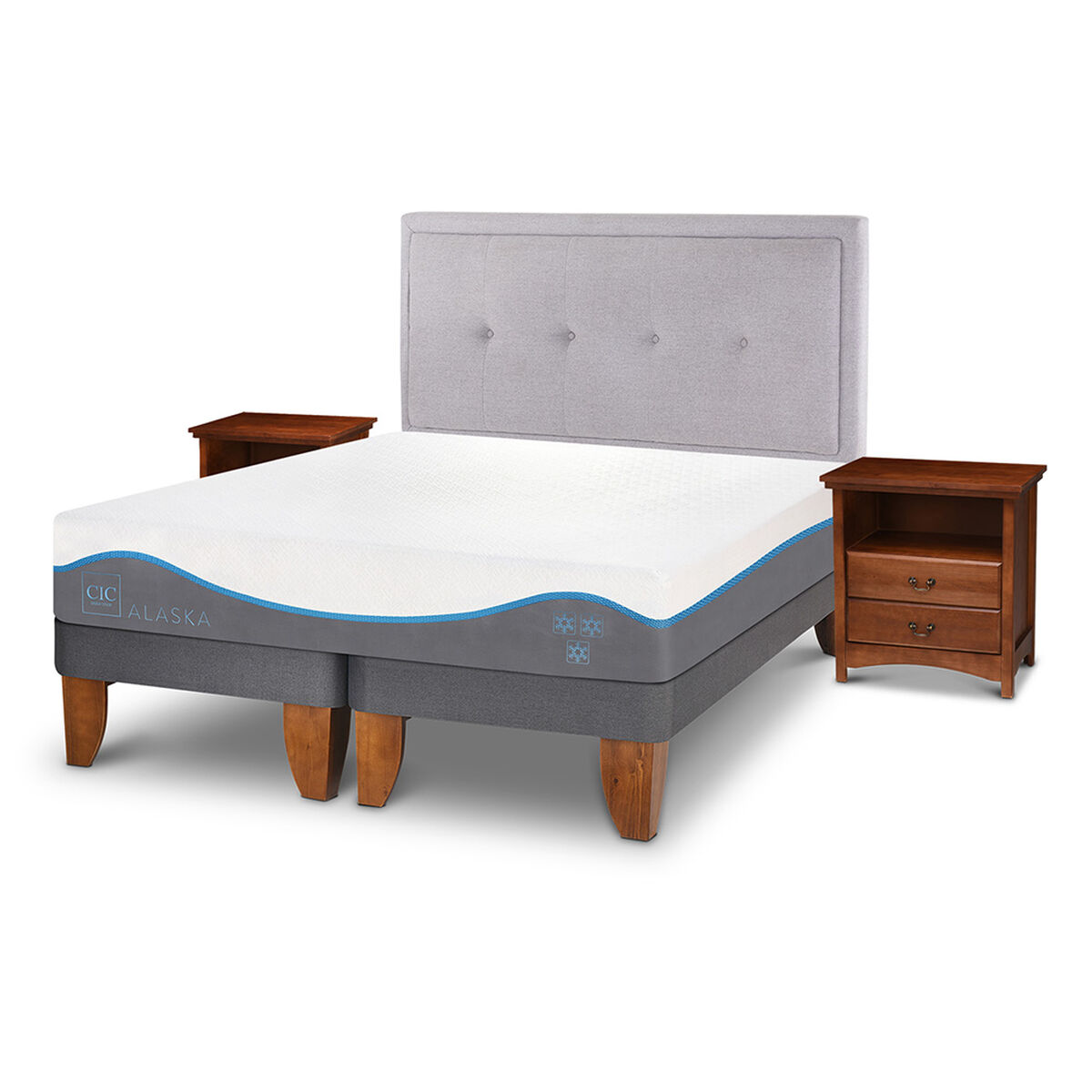 Cama Europea CIC Base Dividida 2 Plazas Alaska + Respaldo + 2 Veladores