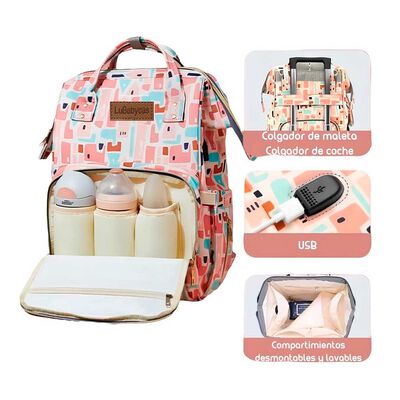 Mochila Maternal Impermeable con Usb Lubabycas Rosada