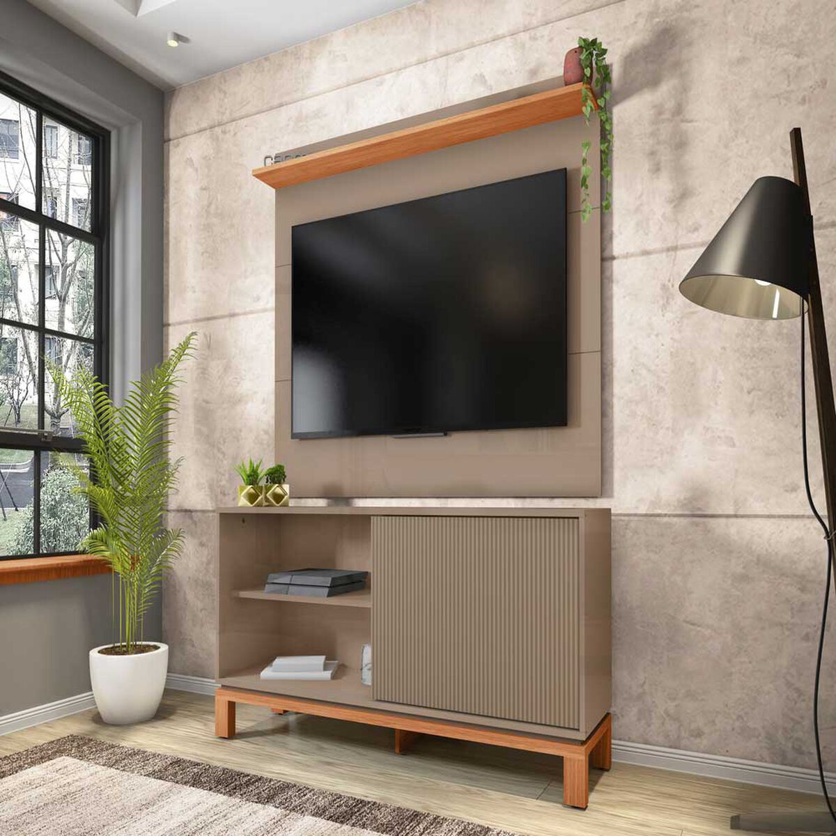 Set Panel + Rack 1.3  + Vitrina Decocasa Mondrian Gris-Casta&ntilde;o