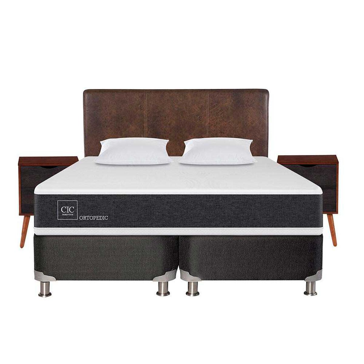 Box Spring CIC Base Dividida 2 Plazas New Ortopedic + Respaldo + 2 Veladores Baker + Almohada