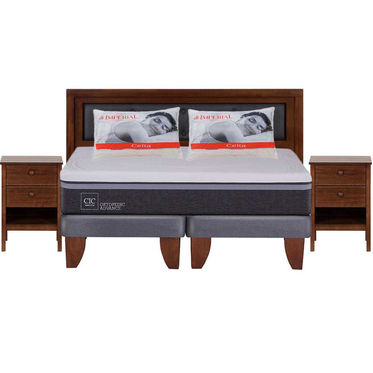 Combo Cama Europea CIC Base Dividida 2 Plazas Ortopedic Advance + Respaldo + 2 Veladores CIC Genova + Pack Almohadas Celta Imperial Soft