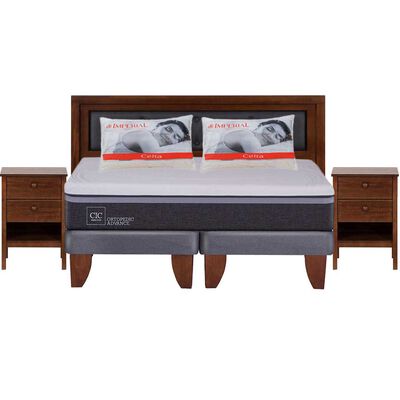 Combo Cama Europea CIC Base Dividida 2 Plazas Ortopedic Advance + Respaldo + 2 Veladores CIC Genova + Pack Almohadas Celta Imperial Soft