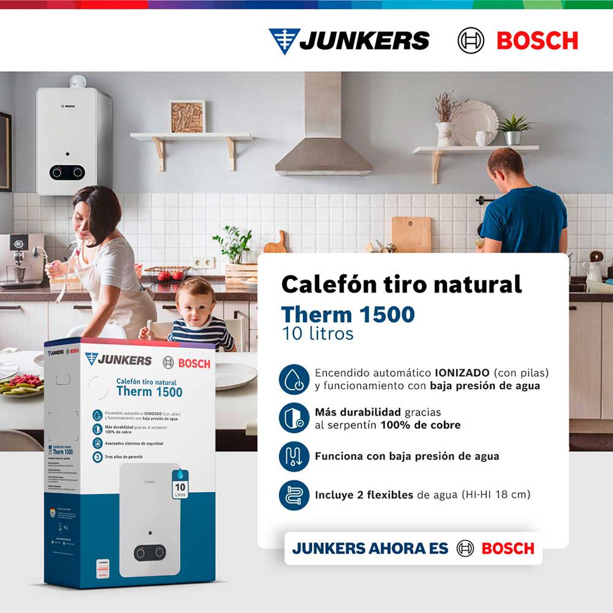 Calef&oacute;n 10 litros gas licuado tiro natural Junkers Bosch Therm 1500