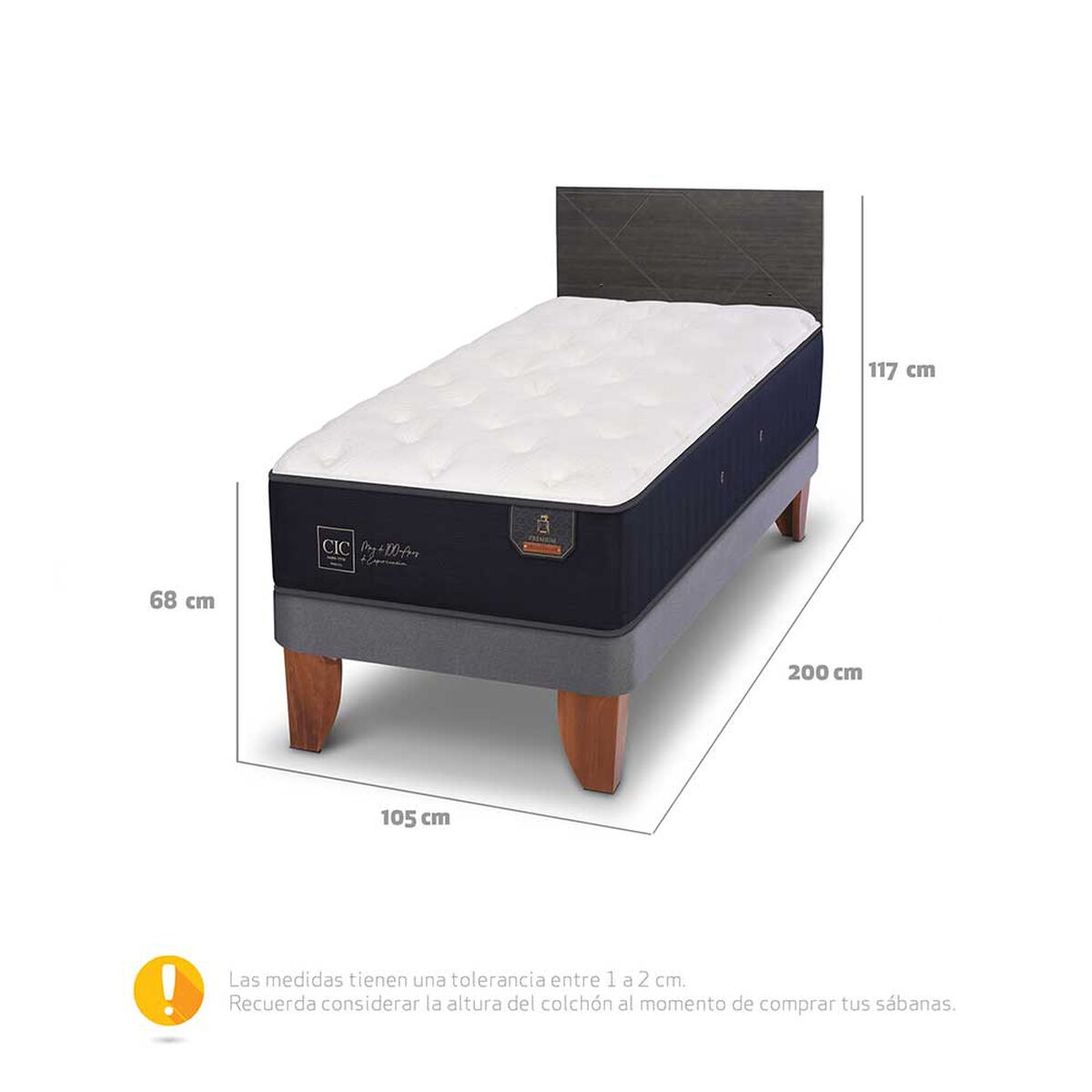 Cama Europea CIC Base Normal 1,5 Plazas Premium + Respaldo Villarrica