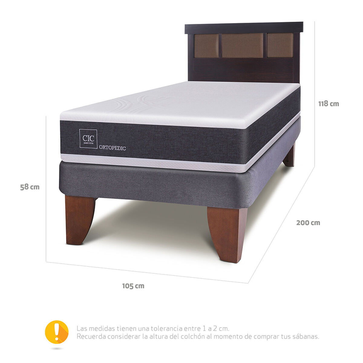 Cama Europea CIC 1,5 Plazas New Ortopedic + Respaldo Dublin Chocolate