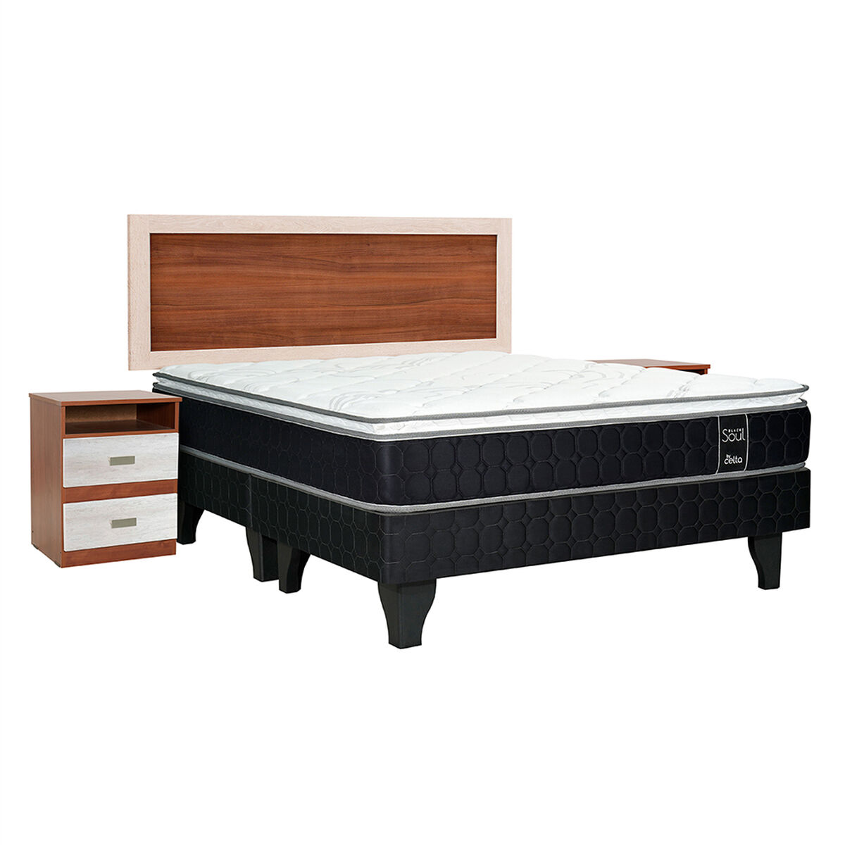 Cama Europea Celta Base Dividida 2 Plazas Black Soul + Respaldo + 2 Veladores Alicante