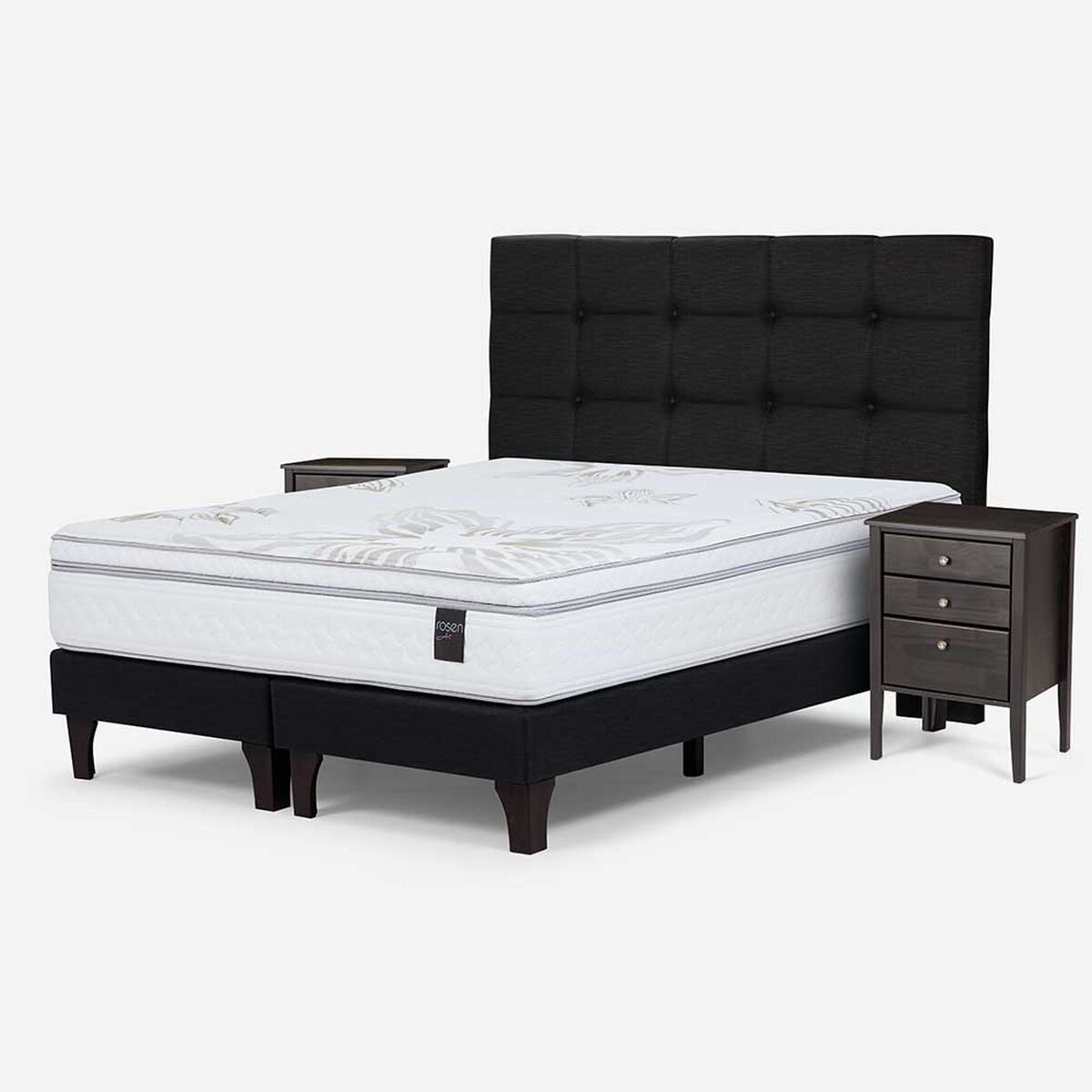 Cama Europea Rosen Base Dividida 2 Plazas Art 4 + Respaldo + 2 Veladores Issey