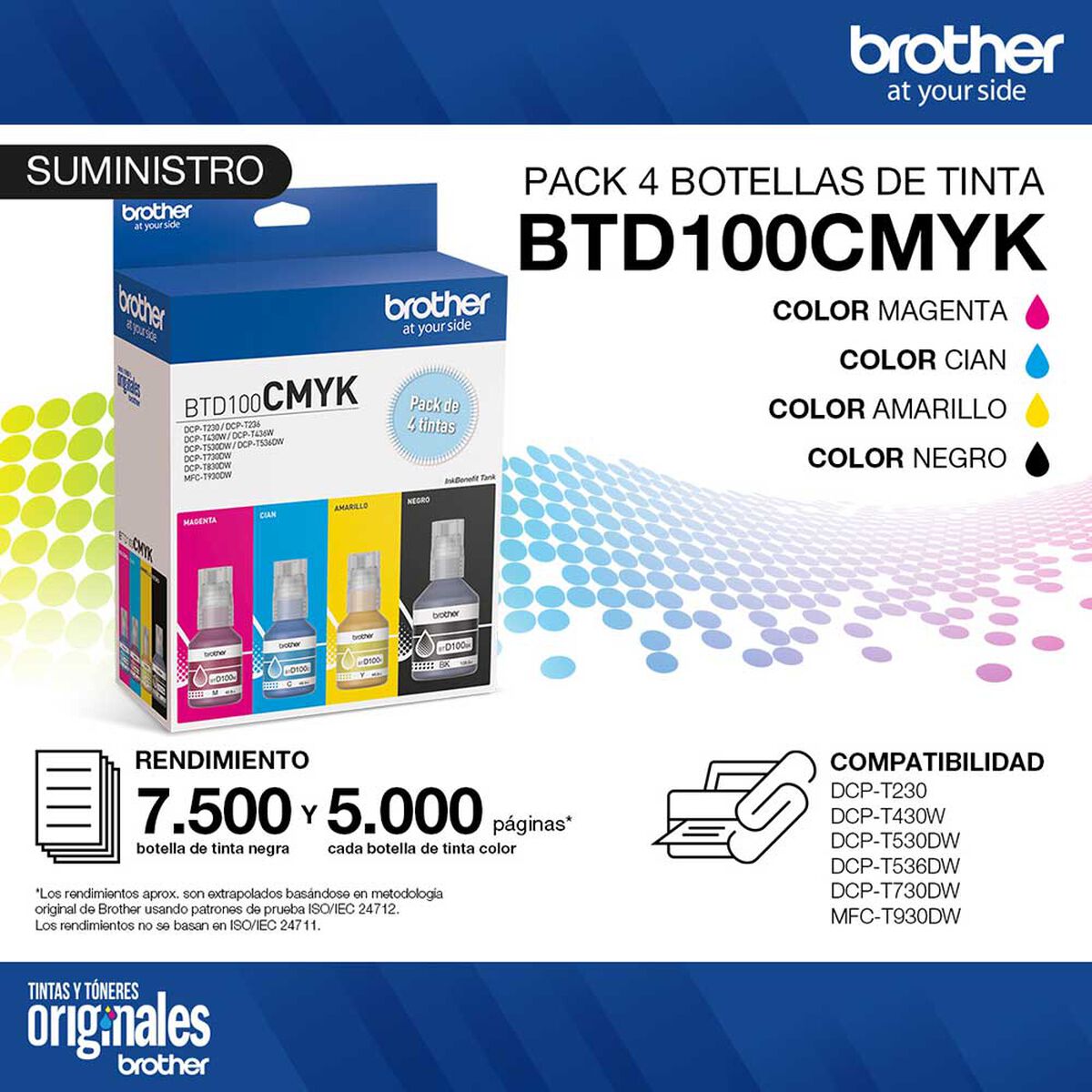 Pack 4 tintas Brother BTD100CMYK Cian, Magenta, Amarillo y Negro